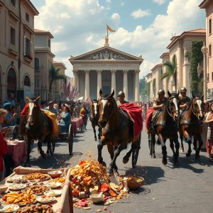 Roman chariots charging through a feast-laden street, scattering food and disrupting celebration, with a temple in the background—symbolizing divine judgment interrupting self-centered worship.