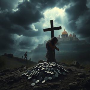 A woman kneels in sorrow before a wooden cross under a stormy sky, silver coins scattered at its base, while others walk toward a glowing temple in the distance.