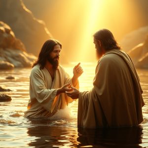 Two men stand in a sunlit river, one reaching toward the other in a moment of baptism. The scene evokes Jesus’ baptism by John, symbolizing humility, righteousness, and the beginning of divine mission.