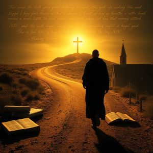 A dusty road leads to a glowing cross on a distant hill, with ancient scrolls and open Bibles scattered along the path. A shadowy figure walks toward the cross, surrounded by a faint spiritual glow. In the sky, faded verses drift like whispers, while a grand cathedral and a humble church flank the horizon.