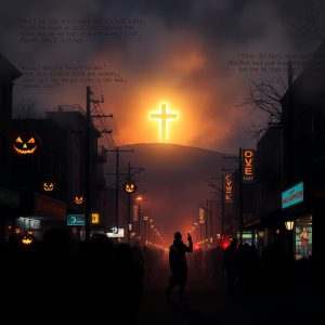 A dark city street at dusk is filled with a crowd of silhouetted people. Glowing jack-o'-lanterns hang from wires, and in the distance, a large, luminous cross shines brightly on a hillside against a dramatic orange sky.