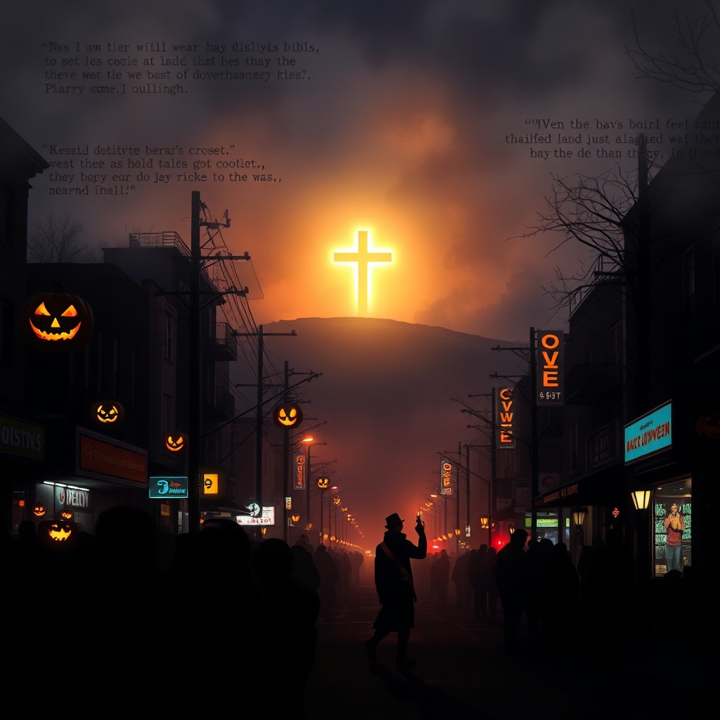 A dark city street at dusk is filled with a crowd of silhouetted people. Glowing jack-o'-lanterns hang from wires, and in the distance, a large, luminous cross shines brightly on a hillside against a dramatic orange sky.