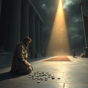 A man in ancient robes kneels on the stone floor of a temple courtyard, looking down at scattered silver coins. A dramatic beam of light shines from the sky behind him, illuminating the temple steps.