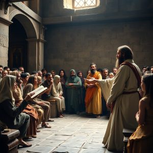 Jesus teaching a group of engaged listeners inside a synagogue, with light streaming through an overhead opening.