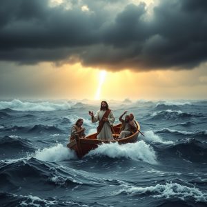Jesus standing calmly in a small wooden boat, raising his hand to still the turbulent, storm-tossed waves of a dark sea.