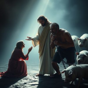 A woman touches Jesus's robe, a demon possessed man standing among pigs pleads for help.