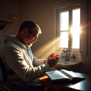 Man in wheelchair praying near window with sunlight and open Bible