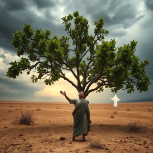 Lush fig tree in desert with robed figure reaching upward and ethereal presence in background