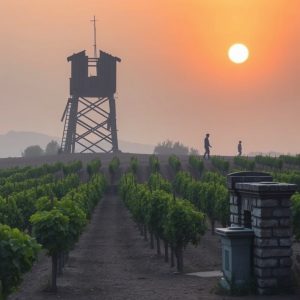 Sunset over vineyard with watchtower and two people walking between grapevines