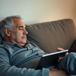 Older man falling asleep on a couch, reading from a tablet in a softly lit room