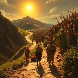 A large crowd walks a winding path through rugged mountains toward a sunlit city, carrying fruit baskets and raising arms in reverence, symbolizing the journey of faith, fruitfulness, and surrender.