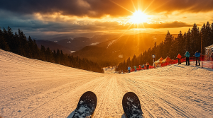 First-person view from a skier descending a snowy slope at sunset. Skis point downhill toward a golden horizon, flanked by pine forests and spectators near red safety netting. The scene evokes motion, vulnerability, and hope.