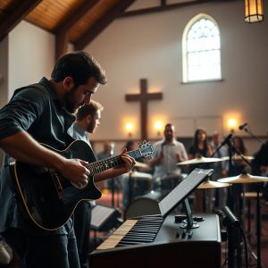 A praise band performs inside a warmly lit church, with a guitarist in the foreground and a cross in the background, capturing the spirit of worship and community.