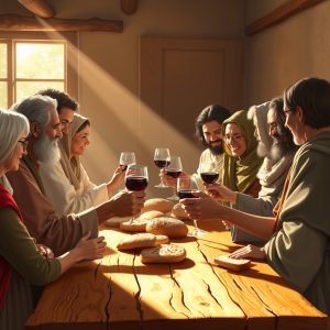 A group of people in ancient-style robes share bread and wine around a wooden table, bathed in warm sunlight, symbolizing unity and fellowship.