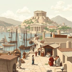 A digital illustration of the ancient Greek city of Corinth showing a vibrant harbor filled with ships, a stone dock bustling with people, and a large temple complex, possibly the Acrocorinth or the Temple of Apollo, on a rocky hill overlooking the city.