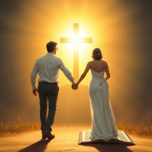 A man and woman stand hand in hand on an open Bible, facing a radiant cross that symbolizes Christ. They are dressed in white, bathed in golden light, representing purity, unity, and spiritual devotion.