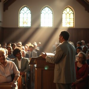 A preacher stands joyfully at a simple wooden pulpit with an open Bible, sunlight streaming through church windows, as a diverse congregation listens attentively in a humble yet radiant atmosphere.