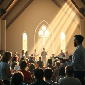 A congregation gathers in a sunlit church with vaulted ceilings and stained glass windows. A preacher stands at the front, addressing attentive worshippers, while others participate in the service. The atmosphere is reverent and unified, reflecting joyful service and spiritual reflection.