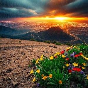 A vibrant desert hillside blooms with wildflowers under stormy skies, overlooking a city bathed in golden sunset light. Rain streaks through the clouds, symbolizing renewal and transformation.