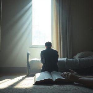 A person sits quietly on the edge of a bed facing a sunlit window, bathed in soft morning light. Another hand rests near an open book on the floor, suggesting quiet companionship and reflection. The room is serene, evoking themes of comfort, presence, and spiritual peace.