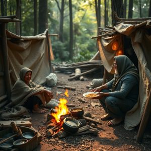 Indigenous Mexican villagers in a rustic forest clearing offering food and a blanket to a traveler with a disability, symbolizing generosity and compassion despite poverty.