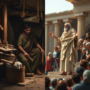 Split-screen image contrasting Paul as a humble tentmaker with tools and fabric on one side, and eloquent false teachers standing on Corinthian steps on the other, symbolizing humility versus pride in ministry.