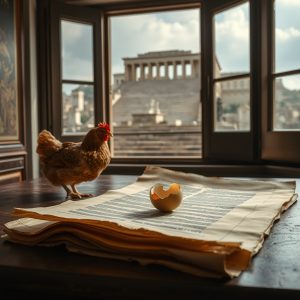 An artistic composition showing an ancient scroll on one side and a glowing cracked egg on the other, symbolizing the contrast between the Law and faith as discussed in Galatians 1–3.