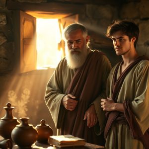 “Paul and Onesimus standing together in a warmly lit first-century home, sunlight streaming through the window, symbolizing forgiveness, restoration, and gospel transformation.”