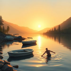 A tranquil mountain lake at sunrise with several anchored boats near the shore while one man stands waist-deep in the water, reaching toward a drifting boat—symbolizing a person chasing after something that was never properly anchored.