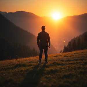 “A man stands alone on a mountain meadow at sunrise, facing a radiant golden horizon. Long shadows stretch behind him as warm light fills the sky, symbolizing divine presence, reflection, and spiritual awakening.”