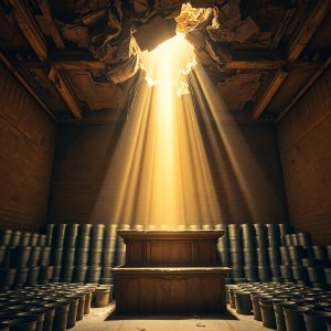 Light pouring through a broken ceiling onto an altar surrounded by empty vessels, symbolizing the end of repeated sacrifices and the once-for-all sacrifice of Christ.