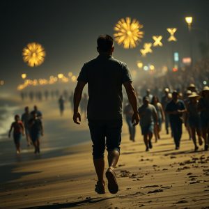 A man walking alone along a crowded beach at night, moving forward with purpose while others surround him under glowing lights, symbolizing courage and faith in the midst of fear.