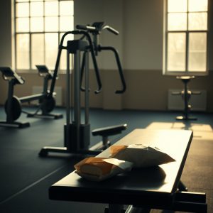 A quiet gym bathed in soft morning light, with an unused weight machine in the background and a simple sandwich resting on a bench in the foreground, symbolizing faith, discipline, and the choice between belief and action.