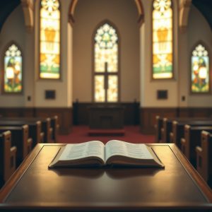 An open Bible resting on a wooden pulpit inside a quiet church sanctuary, with stained glass windows softly illuminated in the background.