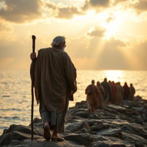 An older shepherd holding a staff walks along a rocky shoreline at sunrise, leading a small group of followers, symbolizing Peter’s restored leadership and encouragement to believers enduring hardship.