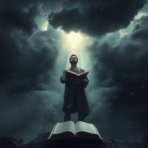 A man stands calmly holding an open Bible as storm clouds gather around him, with light breaking through the darkness above, symbolizing faith and reverence for Christ amid fear and suffering.