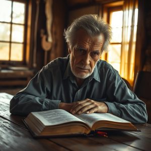 An older man sits at a wooden table reading an open Bible in soft morning light, reflecting quietly on Scripture, symbolizing finishing life well through faithful devotion to Christ.