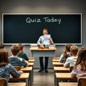 A teacher stands at the front of a classroom holding a quiz while students sit at desks, symbolizing self-examination and testing one’s faith as described in 1 John.