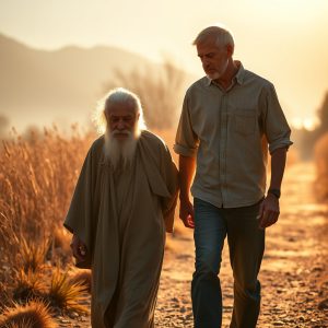 An elderly man and a younger man walk together along a sunlit path, symbolizing spiritual guidance, walking in truth, and personal discipleship rooted in Christ.