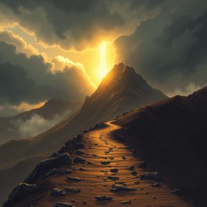 A narrow mountain path leading upward toward a bright opening in storm clouds, with golden light shining through, symbolizing guidance, perseverance, and hope.
