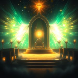 Radiant heavenly throne with a glowing cross above it, surrounded by golden light, seven lampstands, and wings of emerald and gold, symbolizing the throne room of God and Christ’s authority in Revelation chapters 1–4.