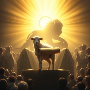 A radiant lamb stands on an altar holding a sealed scroll, illuminated by golden light. Behind the lamb, a lion’s silhouette appears within the light, while a gathered crowd stands in reverent worship.