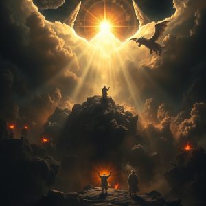 A dramatic apocalyptic scene showing light breaking through dark storm clouds above a rocky landscape. A radiant opening in the heavens shines down while a dragon-like figure retreats into shadow. Two human figures stand below, one raising their arms toward the light as fire glows in the surrounding darkness.