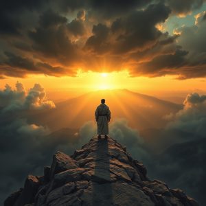 A solitary robed figure stands on a rocky mountain peak above the clouds, facing a blazing sunrise breaking through dark storm clouds—an image of endurance, readiness, and hope.