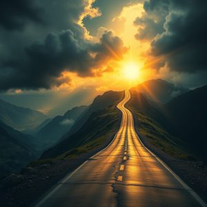 A narrow mountain road ascends toward a radiant sunrise breaking through dark storm clouds, symbolizing judgment giving way to hope and redemption.