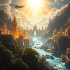 Radiant depiction of the New Jerusalem with golden gates, flowing river of life, and heavenly light symbolizing eternal hope and God dwelling with His people.